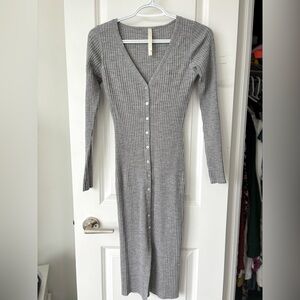 Babaton Gray Ribbed Knit Button-Down Dress